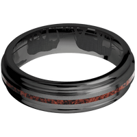 6mm wide Flat Rounded Edges Black Titanium Ring with Bead Blast Finish / One 1mm Centered Red Dinosaur Bone Inlay / Safari Interior Pattern