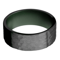 8mm wide Flat Black Zirconium Ring with Hammer Finish / Highland Green Cerakote Sleeve