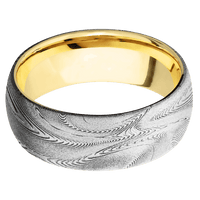 8mm wide Domed Tightweave Damascus Steel Ring with Bead Blast Kuro Damascus Finish / 18k Yellow Gold Sleeve