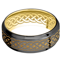 8mm wide Stepped Bevel Black Titanium Ring with Polish Finish / Celtic 9 Design and Gold Cerakote Accents / 10k Yellow Gold Sleeve / Celtic 9 Interior Pattern