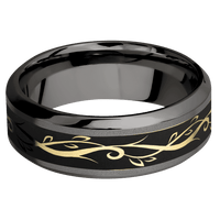 8mm wide High Bevel Darkened Tantalum Ring with Sand Blast Finish / One 4mm Centered 14k Yellow Gold Inlay with Satin Finish / Vine Inlay Design