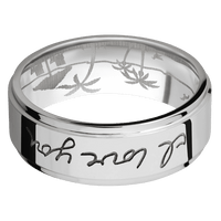 8mm wide Flat Grooved Edges 18k White Gold Ring with Polish Finish / Hand Writing Design / Beach Interior Pattern