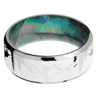 8mm wide Beveled Palladium Silver Ring with Polish Finish / Wolf Mountain Design and Snow White Cerakote Accents / Black Mother of Pearl Sleeve