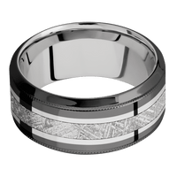 10mm wide High Bevel Milgrain Black Zirconium Ring with Polish Finish / One 5mm Centered 14k White Gold Inlay with Polish Finish / One 3mm Centered Meteorite Inlay / Inconel Sleeve