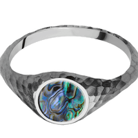 Circle Titanium Signet Ring / Hammer Ring Finish and Polish Signet Finish / Abalone Inlay / Size 8.5