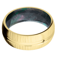 8mm wide Domed Center Round 14k Yellow Gold Ring with Treebark 1 Finish / Black Mother of Pearl Sleeve