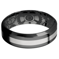 7mm wide High Bevel Black Titanium Ring with Bead Blast Finish / One 2mm Centered Palladium Silver Inlay with Satin Finish / Gears Interior Pattern