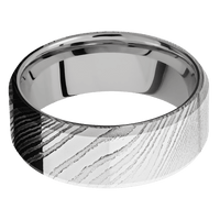 8mm wide Beveled Damascus Steel Ring with Polish Damascus Finish / Platinum Sleeve