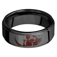 8mm wide Flat Grooved Edges Black Titanium Ring with Polish Finish / Skull Design and Crimson Cerakote Accents