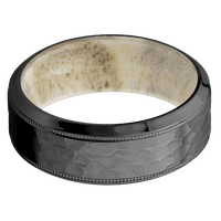 8mm wide High Bevel Milgrain Black Titanium Ring with Hammer Finish / Antler Sleeve