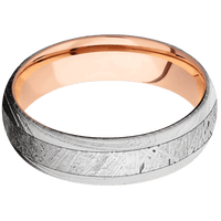 6mm wide Domed Marble Damascus Steel Ring with Bead Blast Kuro Damascus Finish / One 3mm Centered Meteorite Inlay / 14k Rose Gold Sleeve