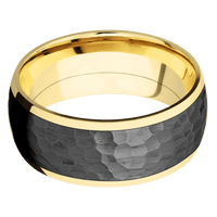 9mm wide Domed 10k Yellow Gold Ring with Polish Finish / One 7mm Centered Black Zirconium Inlay with Hammer Finish