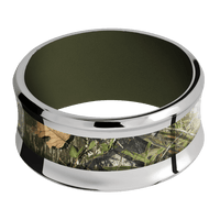 10mm wide Concave Bevel Titanium Ring with Polish Finish / One 5mm Centered MossyOak Obsession Camo Inlay / Vintage Green Cerakote Sleeve