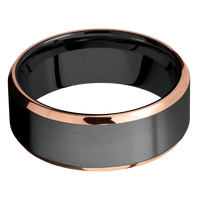 8mm wide Beveled Black Titanium Ring with Bead Blast Finish / Two 1mm Edge 14k Rose Gold Inlay with Polish Finish