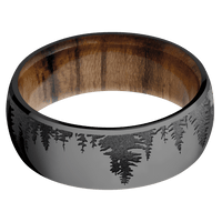 8mm wide Domed Black Titanium Ring with Polish Finish / Trees Design and Dark Grey Cerakote Accents / Teak Sleeve