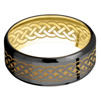 8mm wide Beveled Black Zirconium Ring with Polish Finish / Celtic 9 Design and Gold Cerakote Accents / 10k Yellow Gold Sleeve / Celtic 9 Interior Pattern