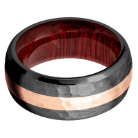 10mm wide Domed Bevel Black Titanium Ring with Hammer Finish / One 3mm Centered 14k Rose Gold Inlay with Hammer Finish / Blood Wood Sleeve