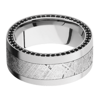 9mm wide Flat 14k White Gold Ring with Bead Blast Finish / Side Eternity Round .01 carat Black Diamond Bead Channel-Set Gemstones / One 5mm Centered Meteorite Inlay