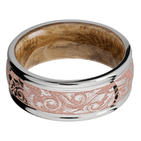 9mm wide Domed Rounded Edges Titanium Ring with Polish Finish / Western Scroll Design and Rose Gold Cerakote Accents / Whiskey Barrel Sleeve