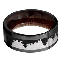 8mm wide Flat Black Titanium Ring with Satin Finish / One 5mm Centered 18k White Gold Inlay with Satin Finish / Trees Inlay Design and Black Cerakote Inlay Design Accents / Sapele Sleeve