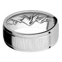 8mm wide Flat Stepped Edges Milgrain Titanium Ring with Treebark 1 Finish / Mountain 2 Interior Pattern