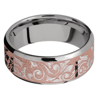 8mm wide Beveled Titanium Ring with Polish Finish / Western Scroll Design and Rose Gold Cerakote Accents