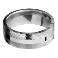 8mm wide Flat Damascus Steel Ring with Polish Damascus Finish / One 2mm Centered 14k White Gold Inlay with Polish Finish