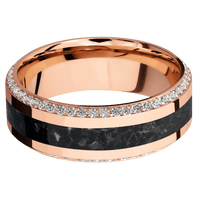 8mm wide High Bevel 14k Rose Gold Ring with Polish Finish / Bevel Eternity Round .01 carat Standard Lab Grown Diamond Bead-Set Gemstones / One 3mm Centered Black Onyx Inlay