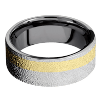 8mm wide Flat Platinum Ring with Stipple Finish / One 3mm Off Center 18k Yellow Gold Inlay / Tantalum Sleeve