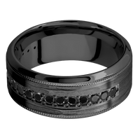 9mm wide High Bevel Milgrain Black Titanium Ring with Treebark H Finish / Half Eternity Round .03 carat Black Diamond Bead-Set Gemstones