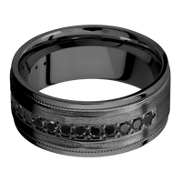 9mm wide Flat Stepped Edges Milgrain Black Titanium Ring with Treebark H Finish / Half Eternity Round .03 carat Black Diamond Bead-Set Gemstones