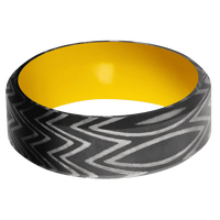 8mm wide High Bevel Zebra Damascus Steel Ring with Acid Damascus Finish / Corvette Yellow Cerakote Sleeve