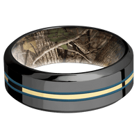 8mm wide High Bevel Black Titanium Ring with Polish Finish / One 1mm Centered 18k Yellow Gold Inlay with Polish Finish and Royal Blue Cerakote Accents / Kings Woodland Camo Sleeve