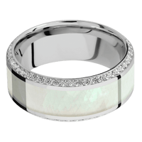 9mm wide High Bevel Platinum Ring with Polish Finish / Bevel Eternity Round .01 carat Lab Grown Diamond Bead-Set Gemstones / One 5mm Centered Freshwater Mother of Pearl Inlay