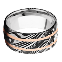 10mm wide Domed Kuro Damascus Steel Ring with Tumble Kuro Damascus Finish / Two 1mm Centered 14k Rose Gold Inlay with Bead Blast Finish / 10k White Gold Sleeve