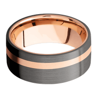 9mm wide Flat Darkened Tantalum Ring with Satin Finish / One 2mm Off Center 14k Rose Gold Inlay with Bead Blast Finish / 14k Rose Gold Sleeve