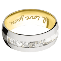 8mm wide Domed 14k White Gold Ring with Polish Finish / One 3mm Centered Kings Snow Camo Inlay / 14k Yellow Gold Sleeve / None Interior Pattern