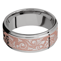 9mm wide Flat Grooved Edges Titanium Ring with Polish Finish / Western Scroll Design and Rose Gold Cerakote Accents