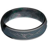 6mm wide Domed Black Zirconium Ring with Polish Finish / Mountain 2 Design and Northern Lights Cerakote Accents / Black Mother of Pearl Sleeve