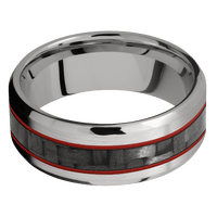 8mm wide Beveled Titanium Ring with Satin Finish / One 3mm Centered Black Carbon Fiber Inlay and Red Apple Cerakote Accents