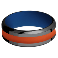 8mm wide High Bevel Black Titanium Ring with Polish Finish / One 3mm Centered Hunter Orange Cerakote Inlay / Royal Blue Cerakote Sleeve