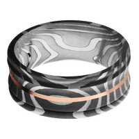 9mm wide Concave Center Round Edges Tiger Damascus Steel Ring with Acid Damascus Finish / One 1mm Centered 14k Rose Gold Inlay with Satin Finish