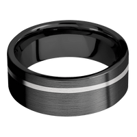 8mm wide Flat Black Titanium Ring with Satin Finish / One 1mm Off Center Palladium Silver Inlay with Satin Finish