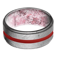 10mm wide Flat Grooved Edges Meteorite Ring / One 2mm Centered USMC Red Cerakote Inlay / Kings Pink Camo Sleeve