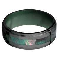 8mm wide Flat Grooved Edges Black Titanium Ring with Polish Finish / One 3mm Centered Black Mother of Pearl Inlay / Eastern Green Cerakote Sleeve