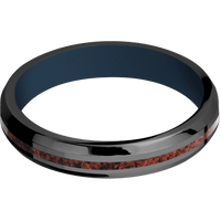 4mm wide Beveled Black Titanium Ring with Polish Finish / One 1mm Centered Red Dinosaur Bone Inlay / Navy Blue Cerakote Sleeve