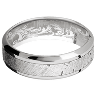 7mm wide High Bevel 18k White Gold Ring with Polish Finish / One 3mm Centered Meteorite Inlay / None Interior Pattern