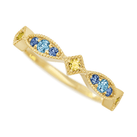 Theodora Style 14k Yellow Gold Ring / Half Eternity .27 TCW of Yellow Sapphire, Aqua Diamonds, and Denim Blue Sapphires / Size 6.5