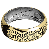 8mm wide Domed Bevel 14k Yellow Gold Ring with Polish Finish / Geoweave Design and Black Cerakote Accents / Tightweave Damascus Steel Sleeve