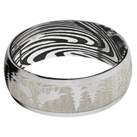 8mm wide Domed 10k White Gold Ring with Satin Finish / Wolf Mountain Design / Sunset Damascus Steel Sleeve